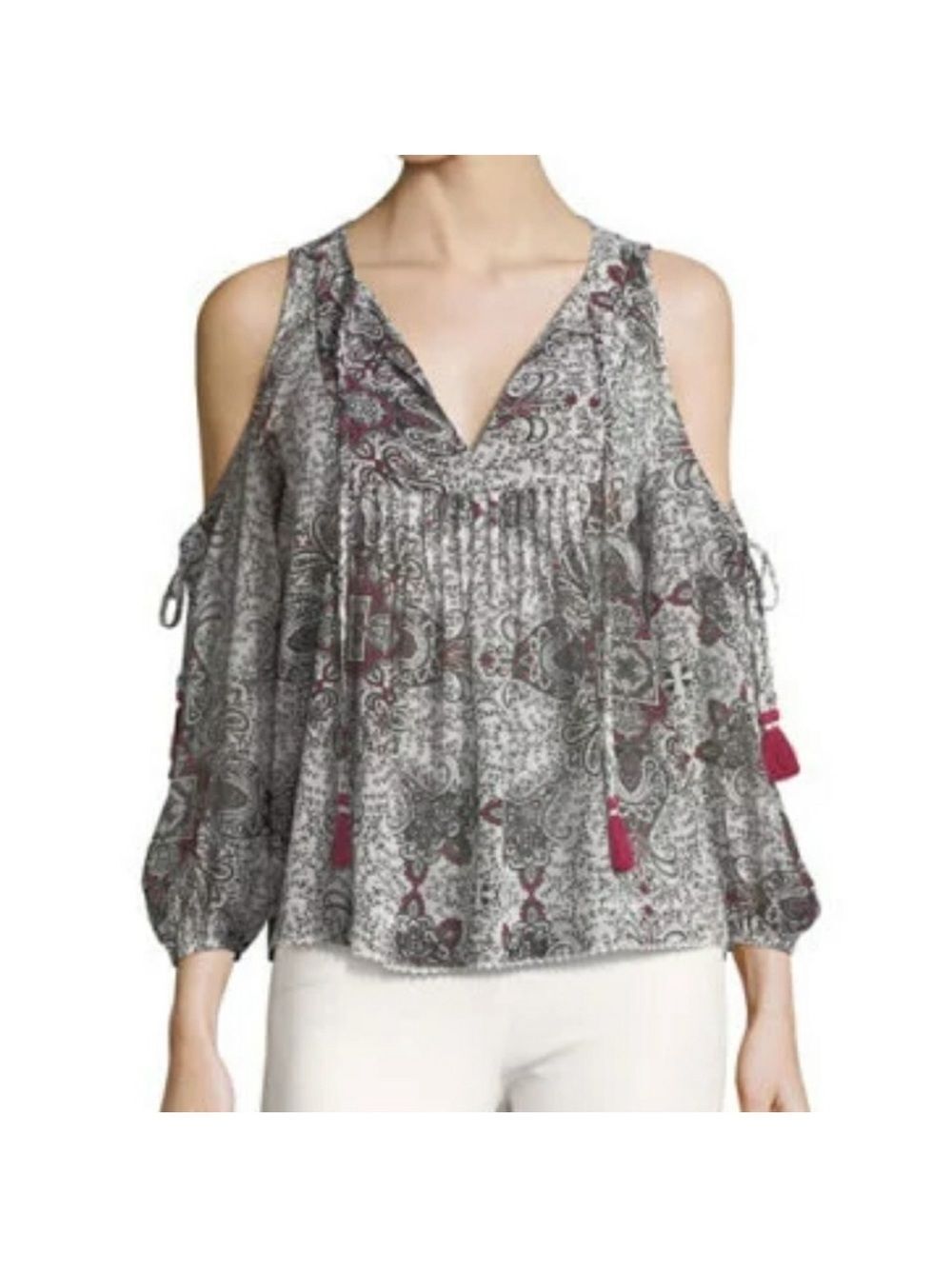Rebecca Minkoff Sleeveless Paisley Tassel  Cold Shoulder Top Bohemian Festival